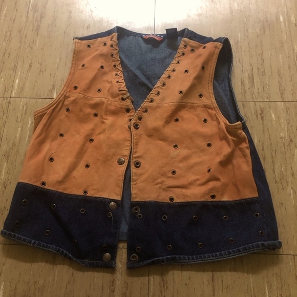 Vintage Jackets & Blazers - Vintage Y2K leather and denim vest Medium Button Down with rivets Orange *Flaw**